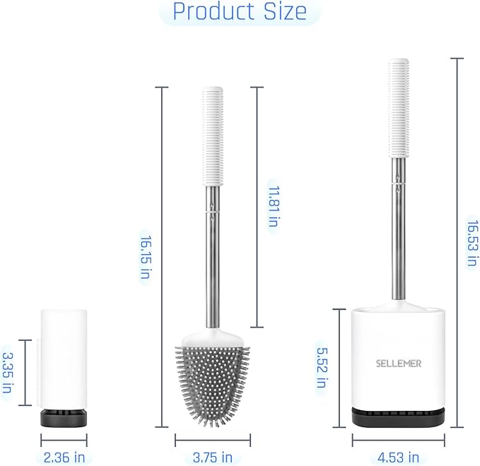 Sellemer Toilet Brush and Holder Set for Bathroom, Flexible Toilet Bowl Brush Head with Silicone Bristles, Compact Size for Storage and Organization, Ventilation Slots Base (3 Pack, White)