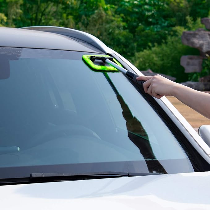 XINDELL Windshield Cleaner Tool – Car Window Cleaning Tool Extendable Handle for Easy Cleaning, 9pcs Reusable Microfiber Pads, Streak-Free Interior & Exterior Auto Glass Cleaner (Green)
