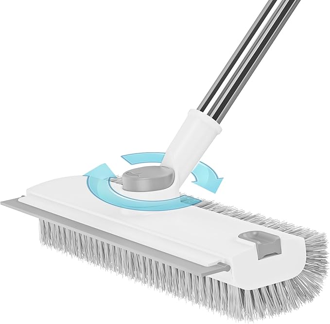Floor Scrub Brush with Long Handle: 3 in 1 Heavy-Duty Floor Scrubber Brush with Squeegee for Cleaning Tile Bathroom Deck Kitchen Patio - White