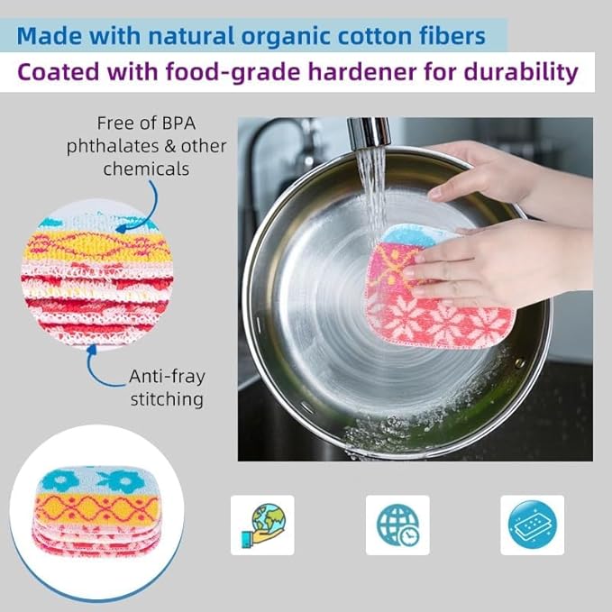 Amarelle GEN II Dish Washing Scrubbers (3-Pack), Made in Green Kitchen Scrubbers for Dishes, Non Scratch Pot & Pan Scrubber, Dual-Sided Heavy-Duty Scouring Pads, Reusable (Nordic Folk)