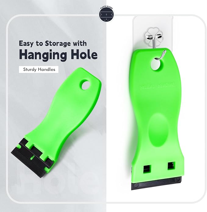 FOSHIO 2PCS Plastic Razor Blade Scraper Tool and 100PCS Plastic Blades for Gasket Remover, Sticker Remover, Labels Decal and Adhesive Remover for Windows and Glass (Lime Green)