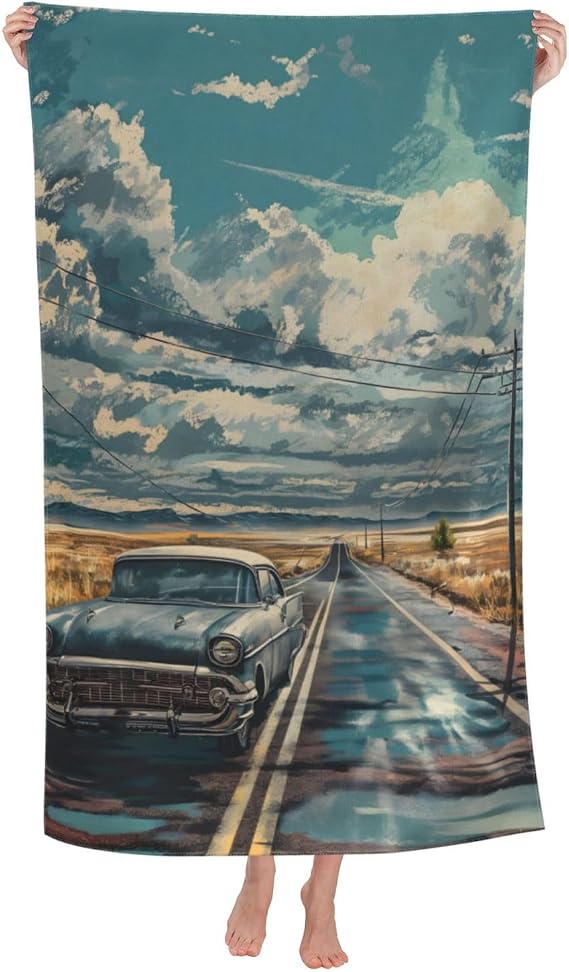 Vintage Road Trip Car Beach Towel Retro Sand-Free Microfiber Bath Towel Ultra Soft Quick Dry Pool Towel Absorbent Towel 