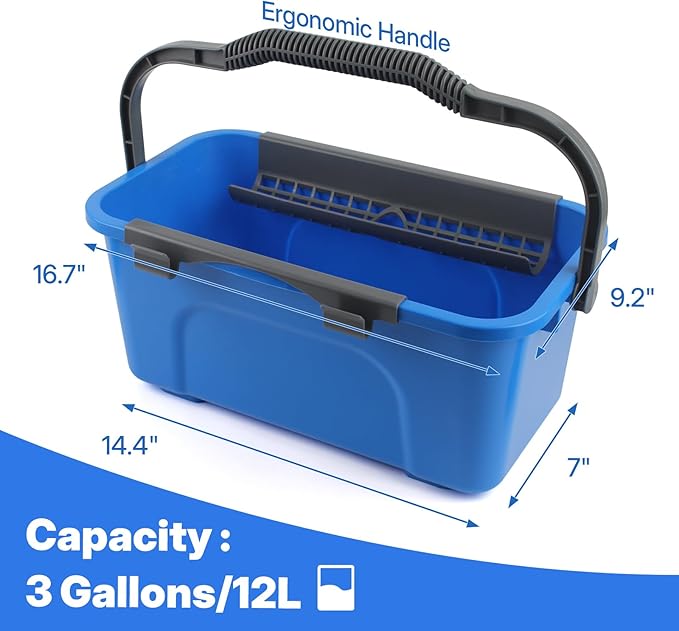 Window Cleaning Kit with Bucket 3 Gallon, 14" Window Squeegee and 15" Scrubber with 61" Long Handle, Professional Window Washing Equipment Cleaner Tool for Home Outdoor Commercial Use