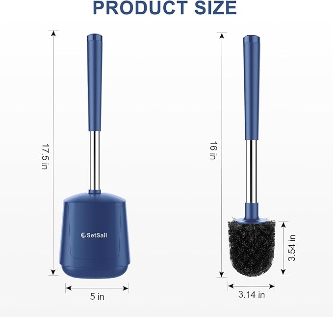 SetSail Toilet Brush and Holder, Self Closing Lid Toilet Bowl Brushes Holder and Extra Long Handle Ventilated Toilet Brush Set for Bathroom Cleaning, Nylon Bristles, Dark & Blue