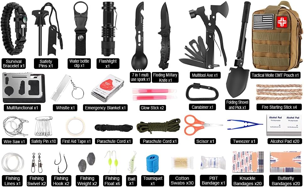 Emergency Survival Kit and First Aid Kit, 142Pcs Professional Survival Gear and Supplies Equipment with Molle Pouch, Gift for Christmas Men Dad Husband Camping Hiking Hunting Outdoor Adventure (Khaki)