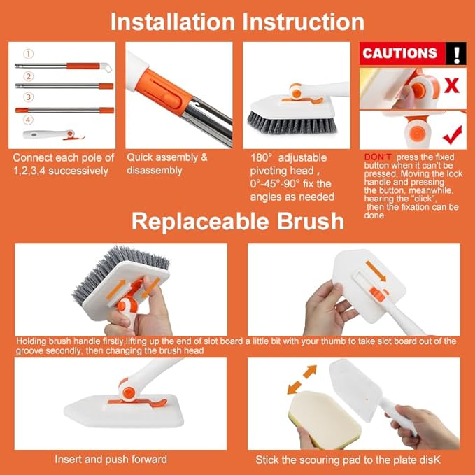 Long Handled Scrub Brush for Shower，3-in-1 Cleaning Brushes with 3 Different Function Cleaning Heads Brush for Shower Cleaning Bathroom Kitchen Walls Tub Tile