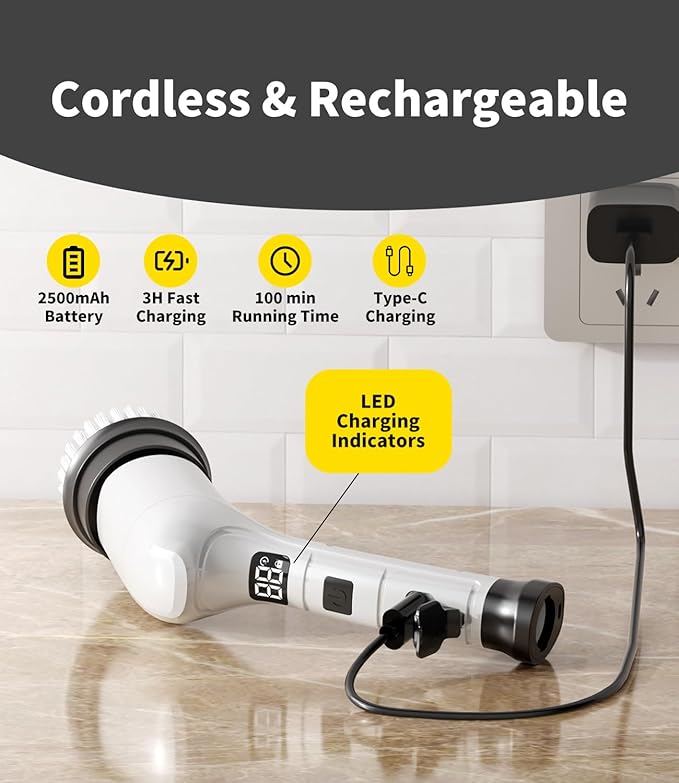 Electric Spin Scrubber, Cordless Household Cleaning Brush with 6 Replaceable Heads, 3 Speeds, LED Display, Lightweight Handheld Power Scrubber for Cleaning Stove/Bowl/Sink/Corner/Tile/Grout-White