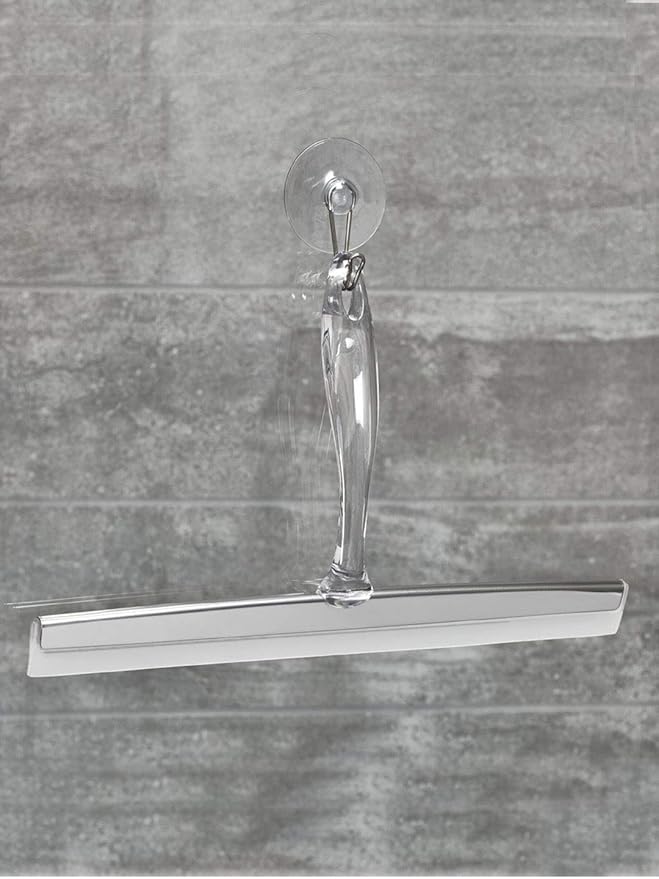 iDesign Zia Metal and Plastic Bathroom Squeegee for Shower, Glass Doors, Floors, Mirrors, with Suction Hook Holder , 12 Inches, Clear and Stainless Steel