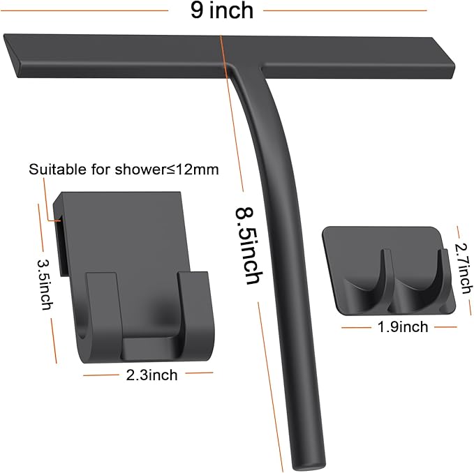 All -Purpose Silicone Shower Squeegee for Shower Glass Door with Hook, Bathroom Accessories for Window Mirror Tile Car Shower Walls,Household Shower Cleaner Tool (Black, 9 inch(2hooks)