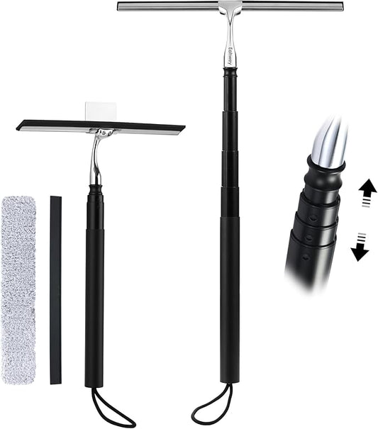 12-51’’ Telescopic Window Squeegee for High Windows, 2-in-1 Window Cleaning Kit with Extra Silicone Blade & Hook, Professional Squeegee for Shower Glass Doors (Window Squeegee for Home)