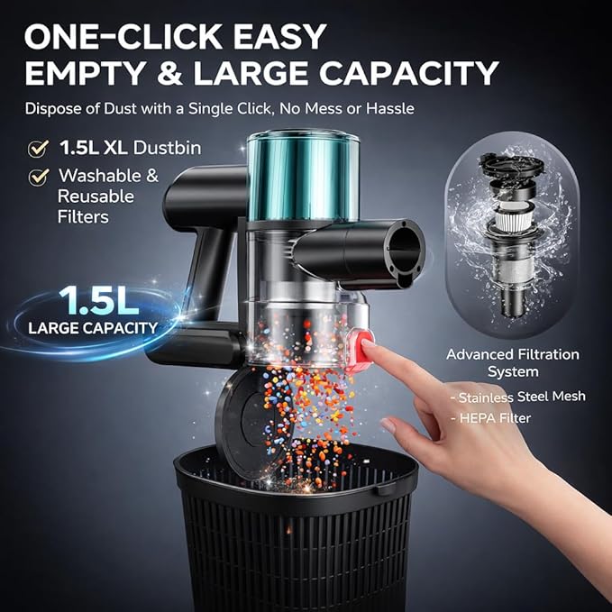Cordless Vacuum Cleaner, Stick Vacuum for Pet Hair & Hardwood Floor, Self-Standing Rechargeable Vacuum with Smart LED Display, Lightweight Battery Powered Vacuum for Home, Dorm, & Dog Hair-Aqua