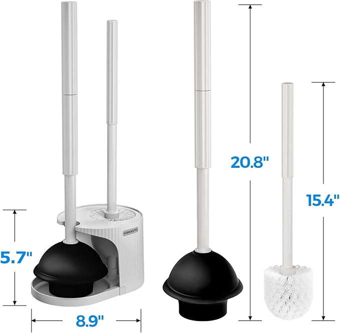 FORASTO 2 in 1 Toilet Plunger and Brush Set,Extended Handle Plunger,Toilet Bowl Brush Plunger Set,Bathroom Cleaning Tools,Cleaning Brush,Toilet Brush Plunger Combo,Light Grey（20.8inch）