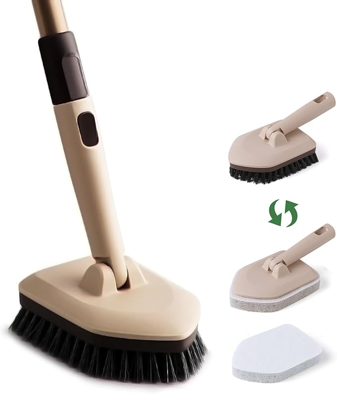 Eyliden Shower Scrubber with Long Handle, Tub and Floor Scrub Brush for Bathroom, Tile, Bathtub, Grout, Sink, 2 Type Cleaning Heads - 1 Stiff Bristle & 2 Non-Scratch Pads, 180° Swivel Head