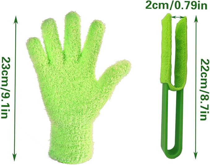 Leaf Cleaning Tongs with 2 Removable Sleeves and 1 Dusting Glove, Washable Reusable Microfiber Sleeves and Gloves Plants Cleaning Set for House Plants, Window Blind (Green)