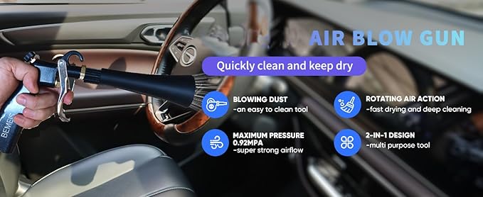 Air Blow Gun with Brass Adjustable Air Flow Nozzle,Cleaning Gun Quickly Blasts Dirt and Dust from Surface Works with Air Compressor(Upgrade Aluminium Rotate Tube) (Detail Blowing Gun), Black