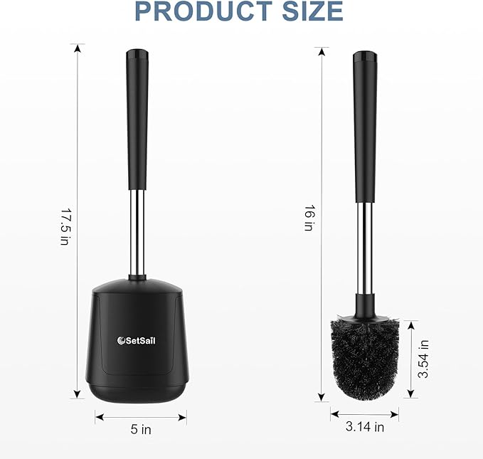 SetSail Toilet Brush and Holder 3 Pack, Self Closing Lid Toilet Bowl Brushes Holder Extra Long Handle Ventilated Toilet Brush Set for Bathroom Cleaning, Nylon Bristles, Black