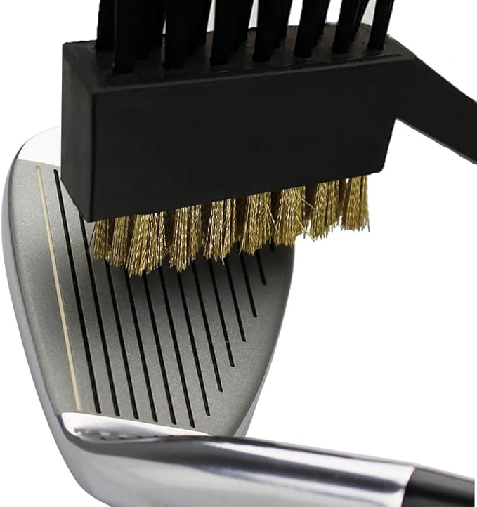 Pack of 3 Golf Club Brush and Club Groove Cleaner Set with Double Sided Brass and Nylon Bristle, Easily Attaches to Golf Bag