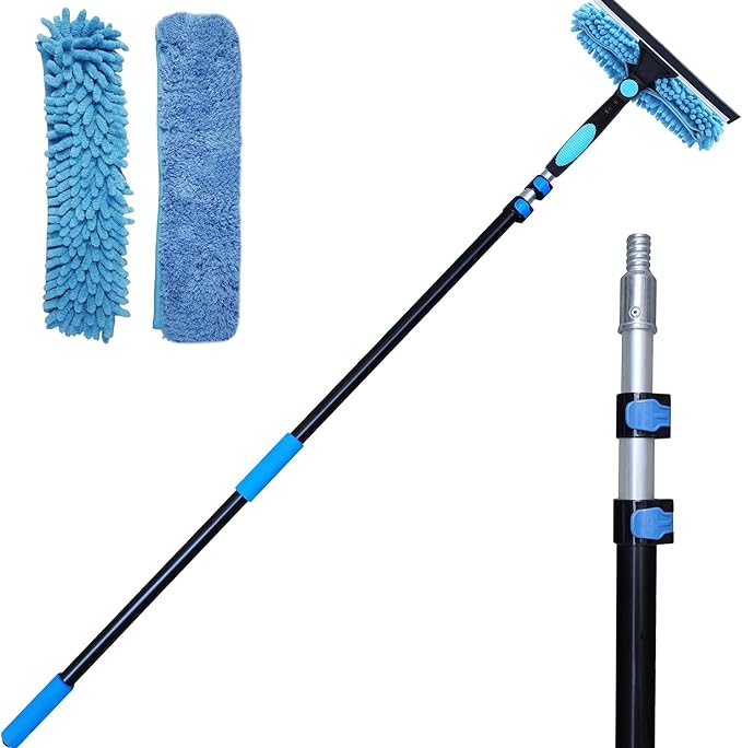 20 Ft+ Reach 2 In 1 Window Squeegee Duster with 5-to-12 Foot Extension Pole, Cleaner Tool with 3-Stage Telescoping Pole, Cleaning Kit with Rotatable Head - Chenille Cloth + Microfibre Cloths Head