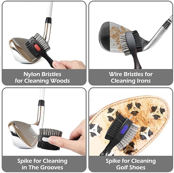 THIODOON 2 Pack Golf Club Brushes and Groove Cleaner 2 ft Retractable Zipline Carabiner Golf Brush Head with Retractable Spike Comfortable Grip Golf Club Cleaner