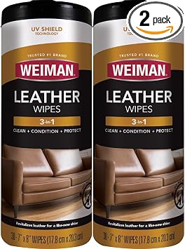Weiman Leather Wipes - 2 Pack - Clean Condition UV Protection Help Prevent Cracking or Fading of Leather Furniture, Car 