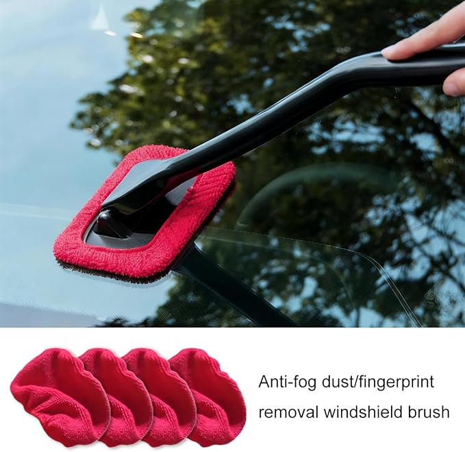 Car Windshield Cleaning Tool, Microfiber Vehicle Window Cleaner with 5 Washable Reusable Cloth Pad & 1 Spray Bottle, Automotive Glass Wiper Cleaning Kit Accessories, Universal Fit (Red)