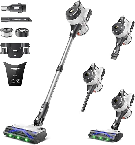 YONNDER Cordless Vacuum Cleaner, 550W 50KPA 70Mins Powerful Vacuum Cleaners for Home, with Anti-Tangle, LED Display Scre