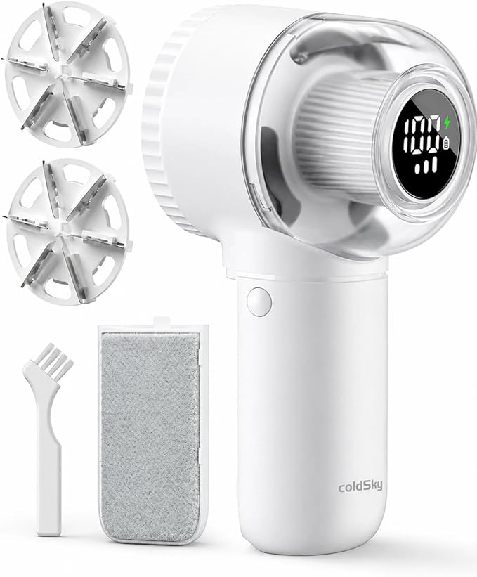 Fabric Shaver, 𝟮 𝗶𝗻 𝟭 Rechargeable Lint Remover with Brush, Large Sweater Shaver with Digital Display, 3 Speeds Lint Shaver, 6-Leaf Blades Lint Remover for Clothes, Sofa, Bedding, White