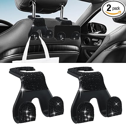 2PCS Car Seat Headrest Hooks, Shiny Crystal Hanger Holder, Backseat Hanger Storage Organizer, Bling Rhinestone Car Purse