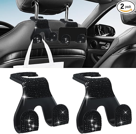 2PCS Car Seat Headrest Hooks, Shiny Crystal Hanger Holder, Backseat Hanger Storage Organizer, Bling Rhinestone Car Purse