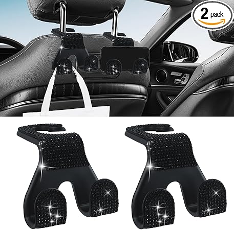 2PCS Car Seat Headrest Hooks, Shiny Crystal Hanger Holder, Backseat Hanger Storage Organizer, Bling Rhinestone Car Purse