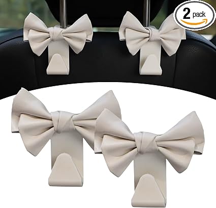 2 Pack Car Seat Headrest Hooks, Cute Bow Design Backseat Hook Storage Organizer for Purses, Handbags, Coats, Umbrellas, 