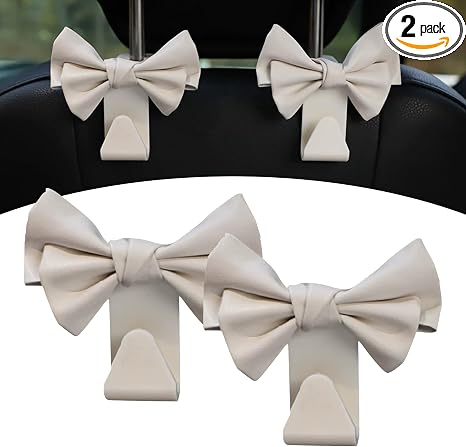 2 Pack Car Seat Headrest Hooks, Cute Bow Design Backseat Hook Storage Organizer for Purses, Handbags, Coats, Umbrellas, 