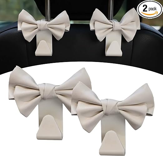 2 Pack Car Seat Headrest Hooks, Cute Bow Design Backseat Hook Storage Organizer for Purses, Handbags, Coats, Umbrellas, 