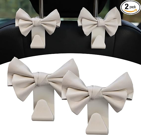 2 Pack Car Seat Headrest Hooks, Cute Bow Design Backseat Hook Storage Organizer for Purses, Handbags, Coats, Umbrellas, 