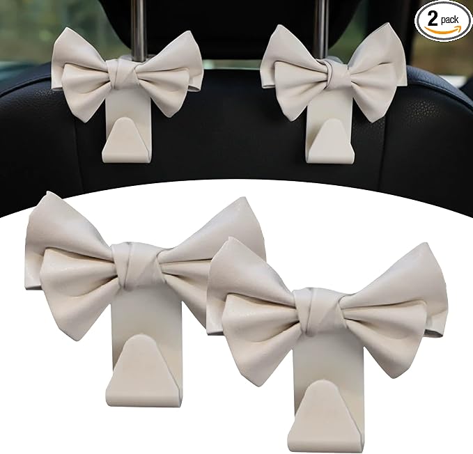 2 Pack Car Seat Headrest Hooks, Cute Bow Design Backseat Hook Storage Organizer for Purses, Handbags, Coats, Umbrellas, 