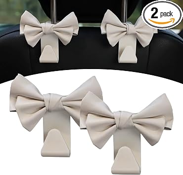 2 Pack Car Seat Headrest Hooks, Cute Bow Design Backseat Hook Storage Organizer for Purses, Handbags, Coats, Umbrellas, 