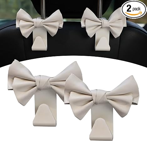 2 Pack Car Seat Headrest Hooks, Cute Bow Design Backseat Hook Storage Organizer for Purses, Handbags, Coats, Umbrellas, 