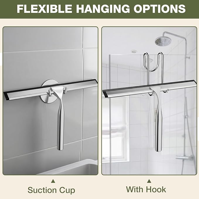FARMER Shower Squeegee for Glass Doors, 10-Inch Glass Squeegee for Windows, Car Glass and Mirrors, Multi-Purpose Stainless Steel Squeegee with Suction Wall Hook and Over Door Hook, Silver