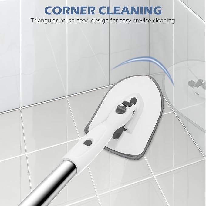 SetSail Floor Scrub Brush, 3-in-1 Tile Tub Floor Scrubber with 52-inch Adjustable Long Handle Shower Cleaner Brush and 4 Detachable Replacement Brush Heads for Cleaning Bathroom Tub Tile, White Grey