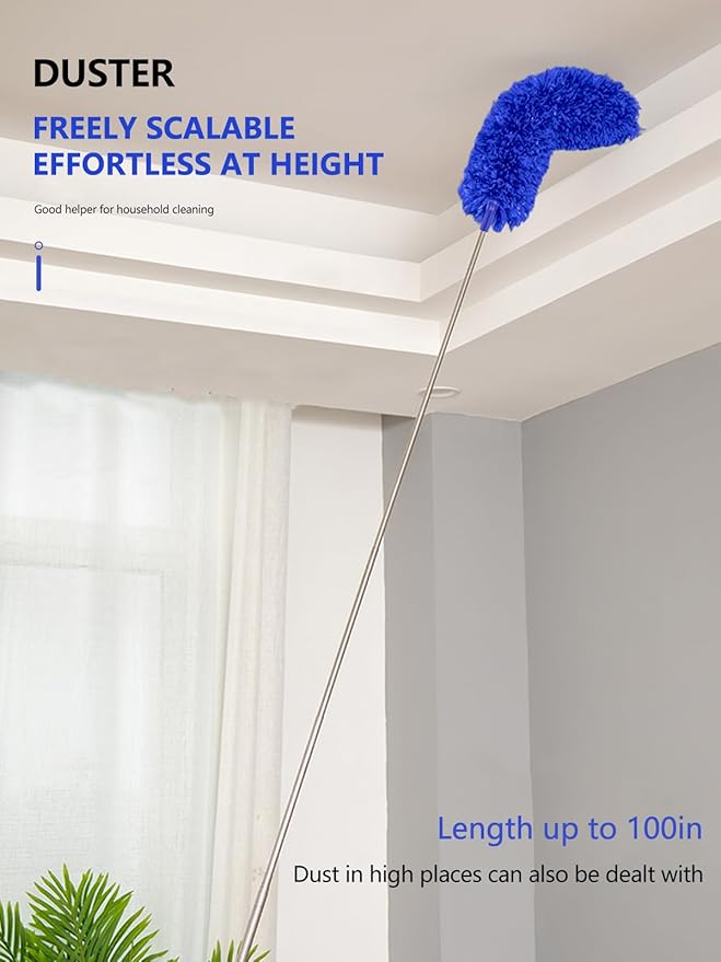 SetSail Dusters for Cleaning, 100-inch Extra-Long Cobweb Duster with Extension Pole, Bendable Microfiber Head & Cobweb Brush Washable Ceiling Fan Cleaner Duster Kit, Blue