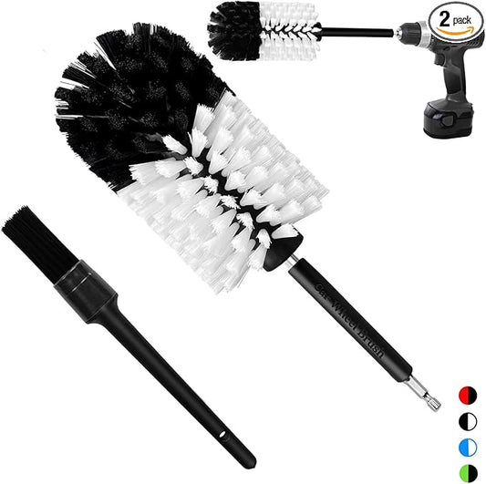 Wheel Brush Kit, Soft Drill Wheel Cleaner Brush, No Scratches Highly Dense Car Cleaning Brush Set for Wheels, Rims, Engines, Exhaust(White/Black,2Pcs)