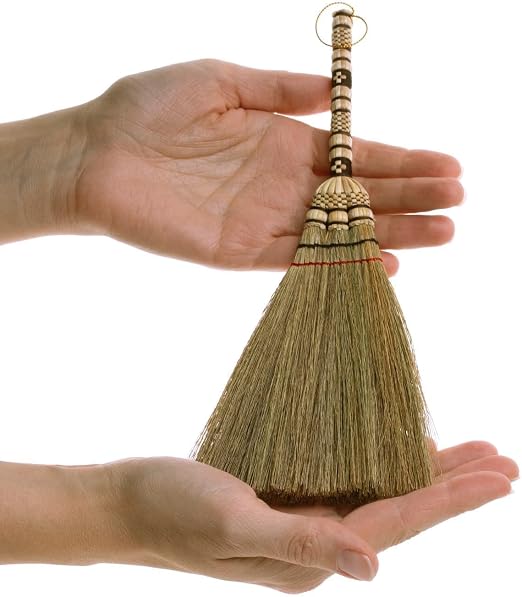 (Tiny Size) 11 inch Short of Asian Whisk Broom Thai Natural Straw Broom with Embroidery Nylon Thread Handle with Nylon H