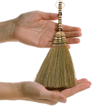 (Tiny Size) 11 inch Short of Asian Whisk Broom Thai Natural Straw Broom with Embroidery Nylon Thread Handle with Nylon H