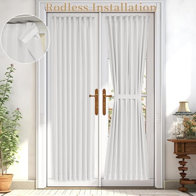 Vatge Self-Adhesive French Door Curtains - Rodless No Drill Light Filtering Window Treatment for Sliding Glass Doors, 1 Panel, W25 x L72, Greyish White