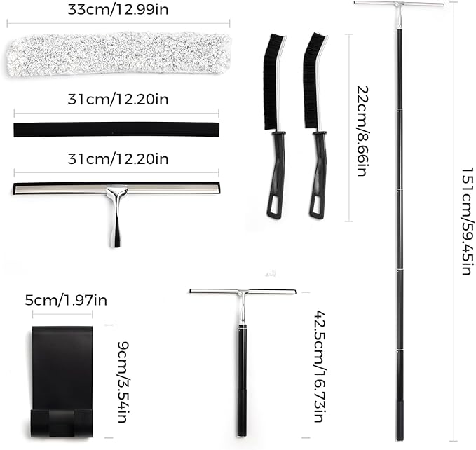 16.7“- 59.5" Long Handle Window Squeegee with Extension Pole, 12.4" Wide Metal Shower Squeegee for Glass Doors, 2-in-1 Squeegee for Home Window Cleaning, Tile Wall, Car (Silver)