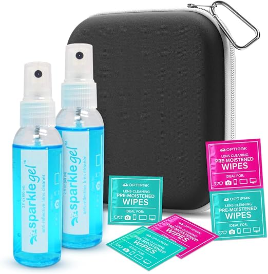 Sparkle Gel Anti-Reflective Safe Lens Cleaner Spray Kit - (2) 2oz Glasses Cleaner Spray, (5) Pre-Moistened Lens Wipes, (
