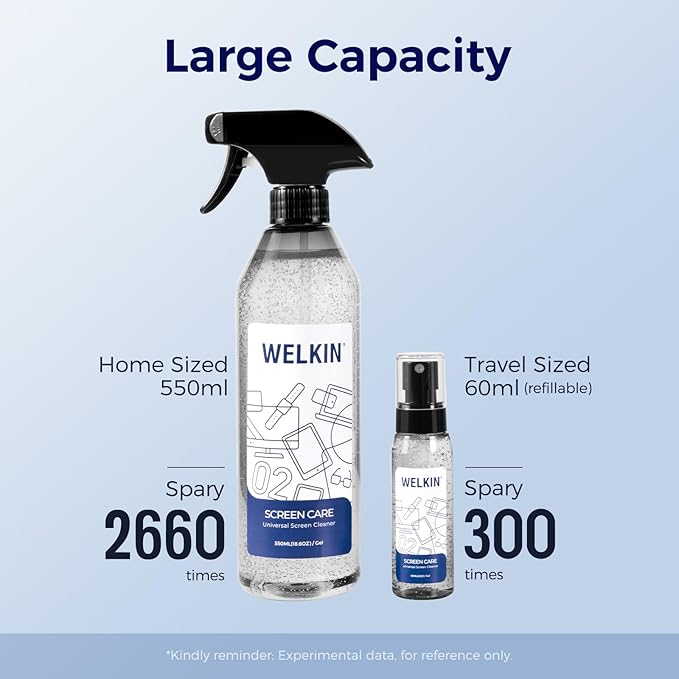 WELKIN Screen Cleaner Spray Kit (550ml + 60ml) - Cleaning Gel for TV, Laptop, Computer, Phone Touchscreen -2 Sprayers，1 Microfiber Cloth & 1 Glass Wipe