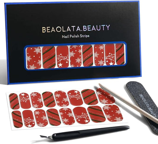 Nail Polish Strips, 32PCS Salon Quality Wraps, Long Lasting Gel Nail Stickers for Women Easy Apply& Remove (Christmas Red & Green Glow)