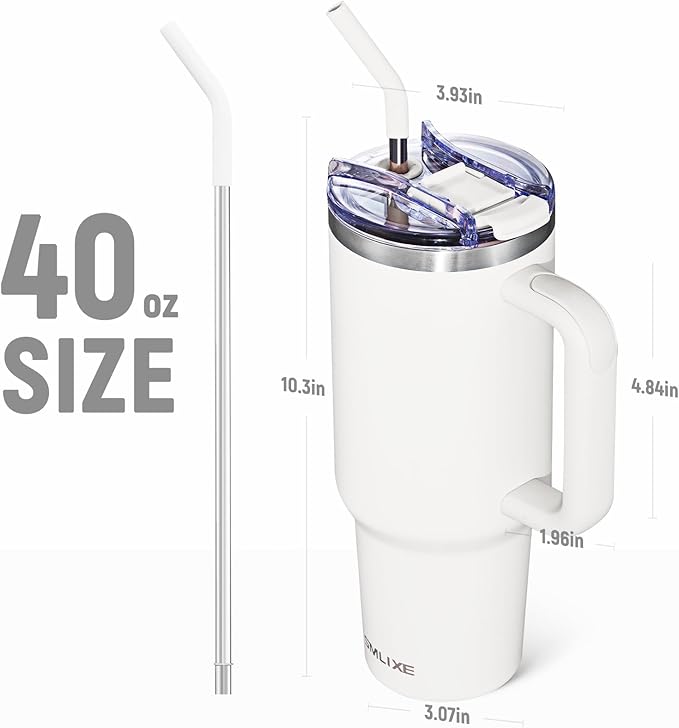 40 oz Tumbler with Handle and Straw Lid,Insulated Reusable Stainless Steel Water Bottle Travel Mug，Cupholder Friendly Double Wall Vacuum Sealed Cup (Snow)