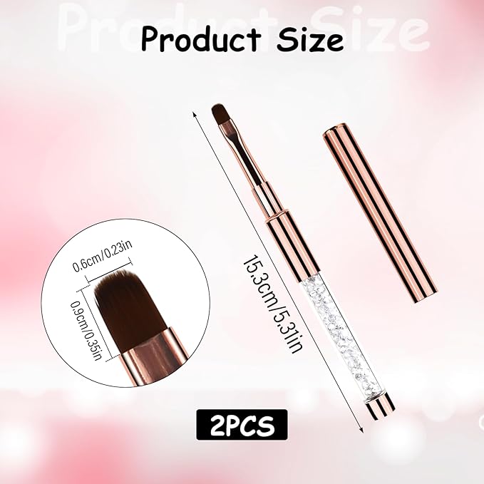 Hariendny 2Pcs Oval UV Gel Nail Brush Rhinestone Handle Nail Art Design Brushes Nail Drawing Pen Gel Brushes for Nails, rose gold